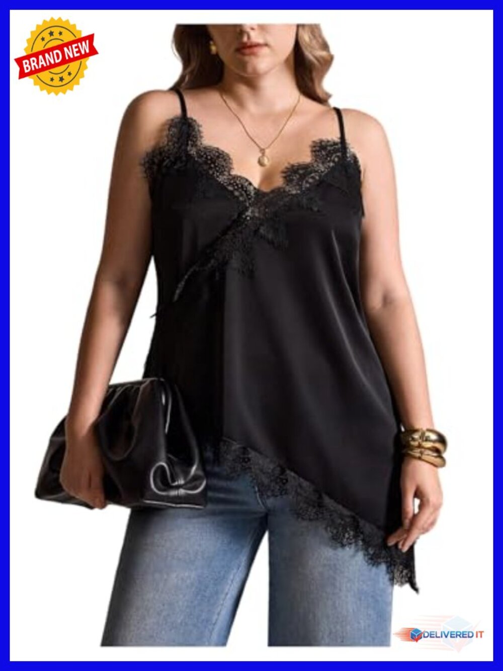 Plus Size Lace Cami Top Spaghetti Strap V Neck Asymmetrical Hem Going Out Top